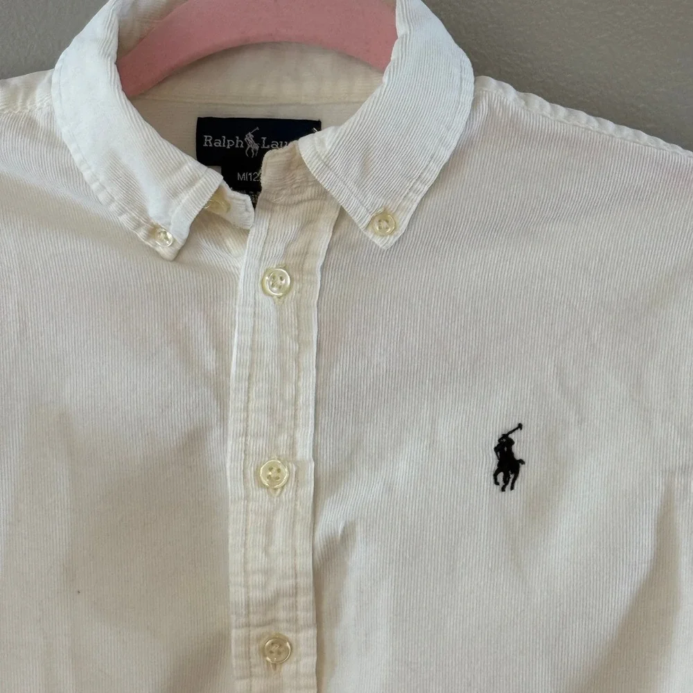 Ralph Lauren Boys White Corduroy Button Down Shirt Size M 12/14 Long Sleeve Pony - Picture 2 of 5